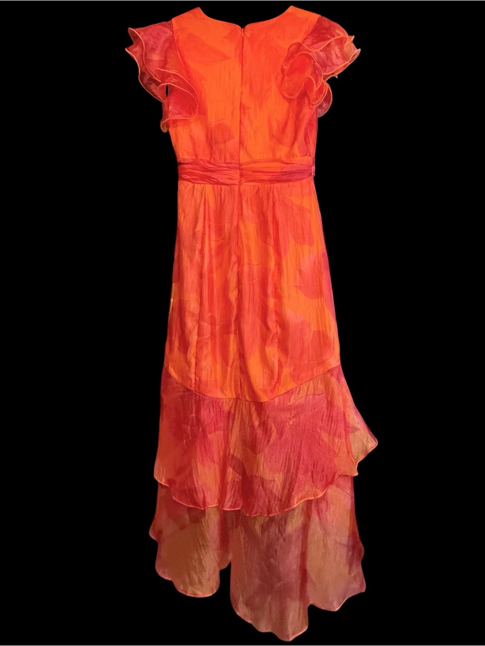 Xscape Organza Floral V-Neck Short Sleeve Ruffle A-Line Midi Dress Pink Orange - Picture 7 of 7
